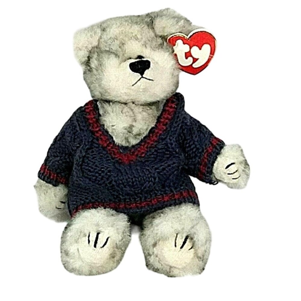 Ty Attic Treasures Fairbanks Teddy Bear Gray Sweater 8" Moveable Arms Legs 1993